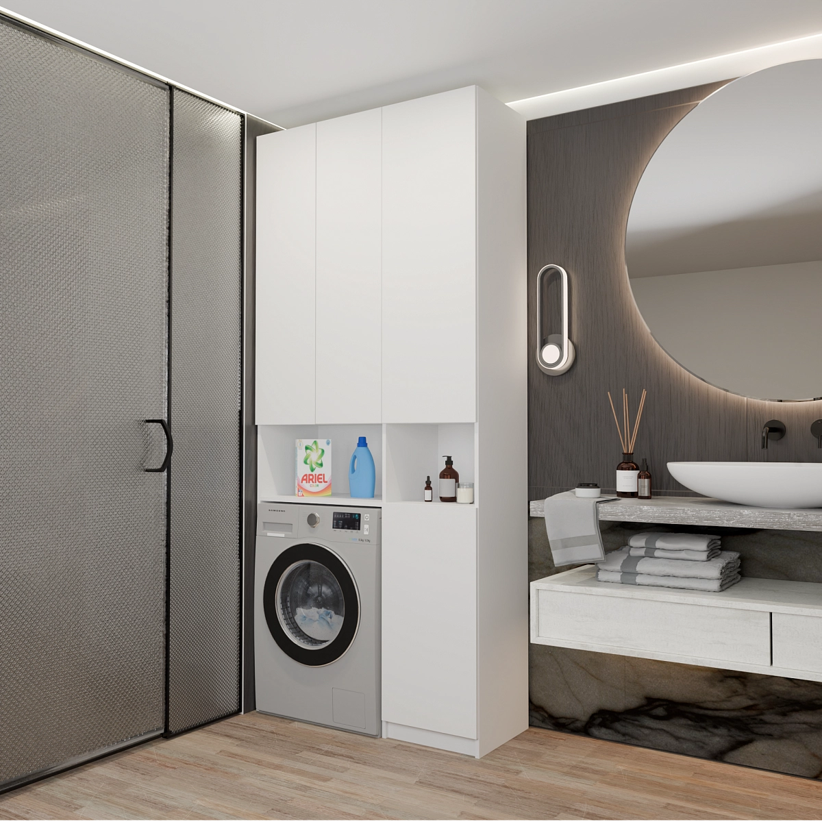 Шкаф-пенал 3 ниши, с корзиной для белья Эос Плюс Белый